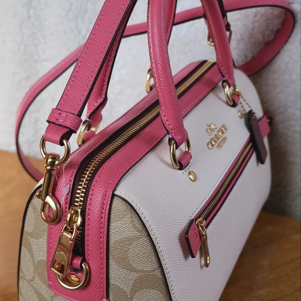 NWT Coach Colorblock Rowan Satchel Handbag Ivory/Pink/Red Leather Signature